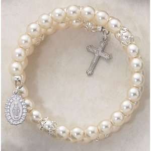Womens Faux Pearl Wrap around 5 Decade Rosary Bracelet, 6mm Bead    1 