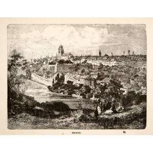  1881 Wood Engraving Berne Switzerland Cityscape River Aare 