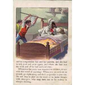 1896 Color Print Of Little Red Riding Hood Wolf Being Killed 5 1/4 X 