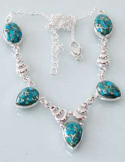 BLUE COPPER TURQUOISE PEAR OVAL 925 STERLING SILVER ARTISAN NECKLACE 