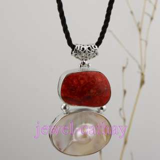 Tibet style coral red white round abalone paua mop bead pedent /charm