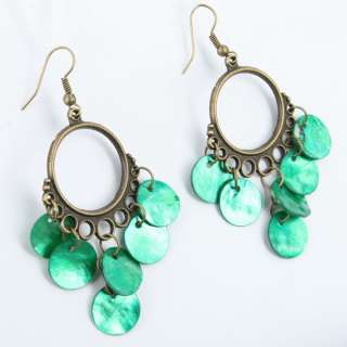 VINTAGE BRONZE GREEN MOTHER OF PEARL EARRINGS E136C  