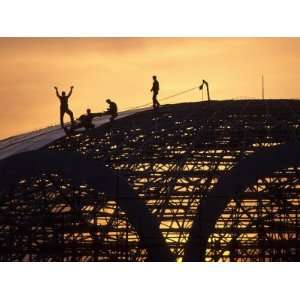 Construction Workers on Dome of Swimming Pool at Sunset, Qinhuangdao 