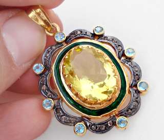 EXCLUSIVE RARE LEMON BLUE TOPAZ ENAMEL ESTATE DIAMOND GOLD 925 SILVER 