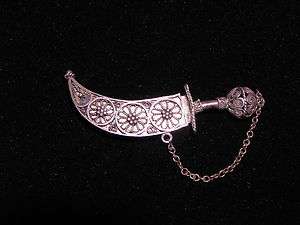 Vintage Israeli Silver Filigree Yemeni Knife Pin  