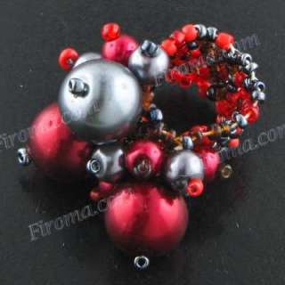 RED HEMATITE SEED BEADS FAUX PEARL ADJUSTABLE ring  