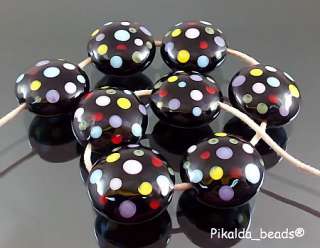 PIKALDAhandmade lampwork 8 beads glassBLACK DOTSRA  