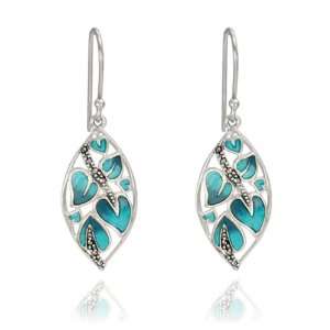   Sterling Silver Marcasite, Green and Blue Epoxy Leaf Earrings: Jewelry