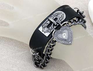 Leather Punk Heart Pendant Studs Wristband Bracelet Bangle Cuff 1.2x0 