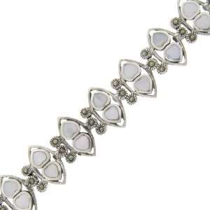   Sterling Silver Marcasite Mother of Pearl Two Row Twin Hearts Bracelet
