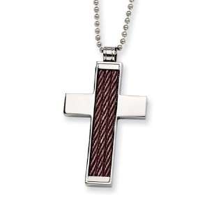  Mens Stainless Steel and Chocolate Accent Cross Necklace 