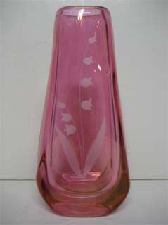 Lovely Cranberry Glass Vase with Etched Flowers  