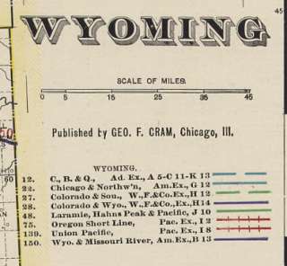 1906 Crams Railway Map of Wyoming. Genuine  
