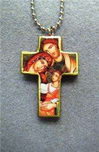 Holy Family Handmade Wood Crucifix Pendant Necklace HF2  