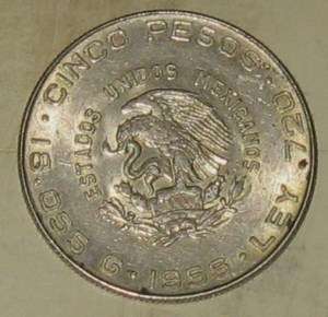 1956 MEXICO 5 SILVER PESOS AS PICTURED .4178 ASW M48  