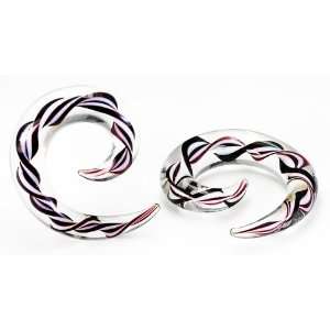   Pair Black and White Ribbon Pyrex Glass Spiral 2g 2 gauge 6mm Jewelry