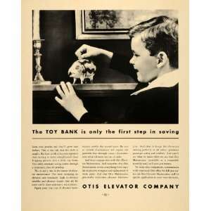 1934 Ad Piggy Bank Toy Boy Otis Elevator Maintenance   Original Print 