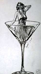 Original Sexy Ink Drawing Martini Girl Vodka Gin Olives  