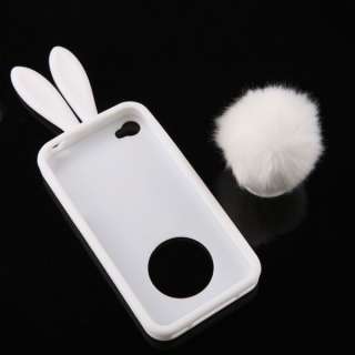   Rabbit Ears Tail Silicone Case Skin Cover For iPhone 4/4S White  