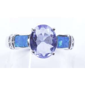   925 Sterling Silver Green Fire Opal & Blue Spar Ring Size7 Rsb2440