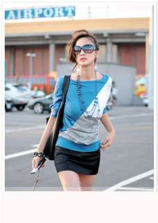   Spring Clothes Mixed colors 3/4 Sleeve T Shirt Dress#A003 Blue  