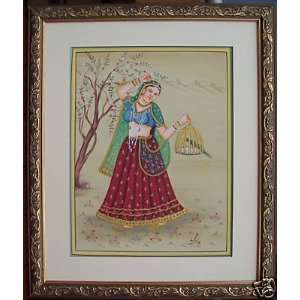   Traditional Lady & Parrot, Ragini, Paper Painting 