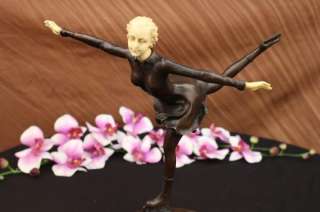 Signed Preiss Little Girl Skating Man Made Bone Bronze Sculpture 