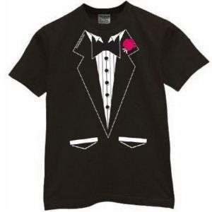 Tuxedo Tux t shirt wedding tie groom suit black S  