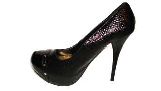Qupid Black Studded Faux Snake Skin Patent Leather Pumps High Heels 