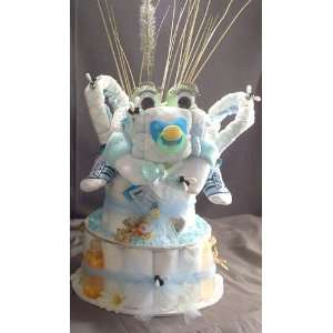  Frog Baby Shower Gift Centerpiece Blue & Green Diaper Cake 