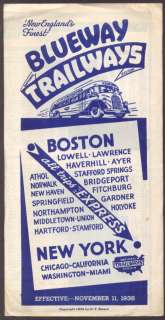 Blueway Trailways Bus Schedule Boston New York 11/11 1938  