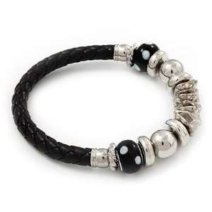  Silver Tone Metal Bead Black Leather Flex Bracelet   up to 