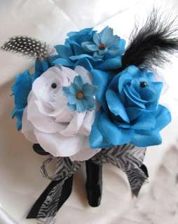 Wedding Bouquet Bridal Silk flowers TURQUOISE WHITE BLACK 17pc package 