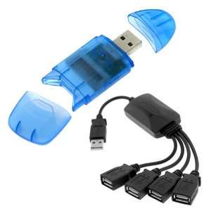 GTMax Blue USB Memory Card Reader + Black USB 2.0 4 Port Hub Octopus 