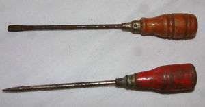 Vintage Screw Driver and Scratch Awl Small. Wood Handle  