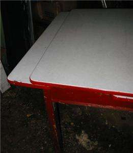 Enamel Topped Wood Base Kitchen Table vintage 50s Red Paint Original 