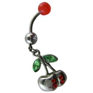   Button Navel Ring Bar Silver   Big Cherry Ring with Leaves   Red Nib