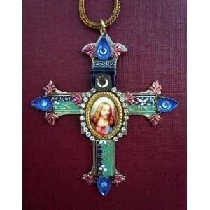   Cross with Jesus Portrait and Rhinestones   2 1/2 Cross on 22 Chain