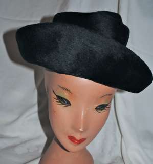 Vintage Marshall Fields black faux seal wide brimmed ladies hat 