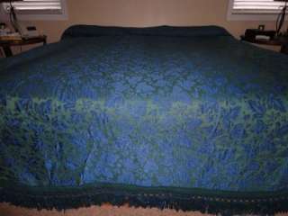 Vintage 1970s Bellissimo Italy Bedspread Blue/Green Queen Brocade 