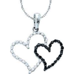 Ladies 10k White Gold .17 Ct Black and White Diamond 2 Heart Pendant 