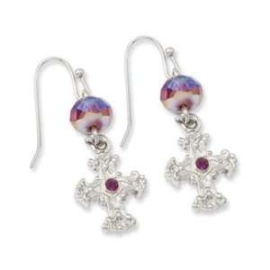  Silver tone, purple crystal cross dangle earrings: Jewelry