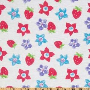  Cotton Pique Knit Flowers & Strawberries Pink/Turqoise/White Fabric 