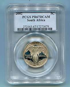PCGS PR67DCAM SOUTH AFRICA 2002 5c SILVER ELEPHANT  