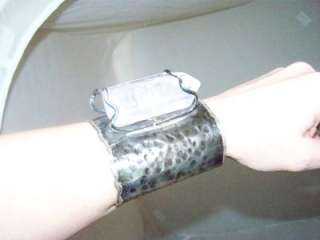 Hammered sterling silver 3 wide cuff bracelet w/ large crystal on top 