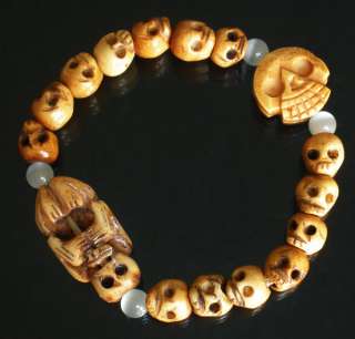 Cool Tibet & Nepal Ox Bone Carved Skulls Beads Bracelet  