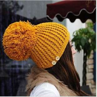 Girls cute Winter button hat big ball of knitting wool hats  