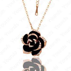 Noble 18K Gold Plated Swarovski Crystal Black Rose Flower Pendant 