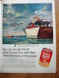 1955 Shell Motor Oil Ad Boating Fishing Riverside Conn  