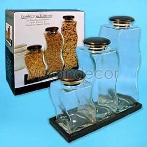3PC Glass Canister Set Food Storage Container with Wooden Tray:  